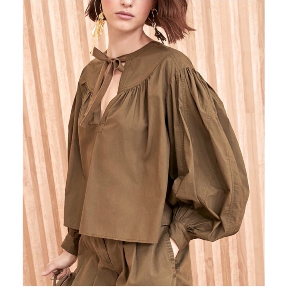 ULLA JOHNSON Delaney Balloon Sleeve Poplin Cotton Blouse in Olive Green Size 0 - Picture 1 of 14